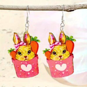 Earrings Easter Bunny w/ Carrot Dangle NEW Gift Fun Cute Pink Acrylic Heart NEW